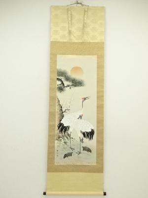 JAPANESE HANGING SCROLL / HAND PAINTED / CRANE & TURTLE 